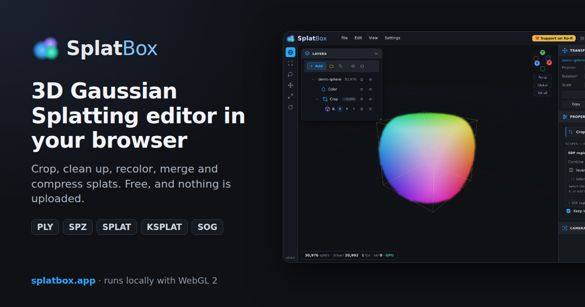 The SplatBox editor: a Gaussian splat scene with a crop region, the layer tree and the properties panel